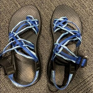 Blue woven chacos with toe strap